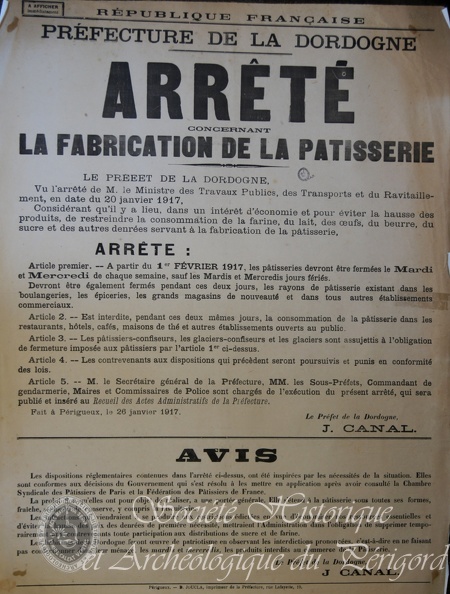 Préfecture de la Dordogne. Arrêté concernant la fabrication de la pâtisserie. Périgueux, 26 janvier 1917. gen-d1-159.jpg