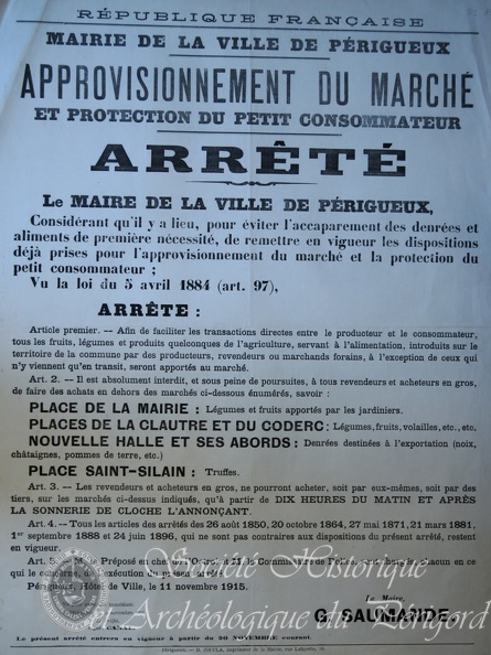 Mairie de Périgueux. Arrêté. Approvisionnement du marché et protection du petit consommateur. Périgueux, 11 novembre 1915. gen-d1-196.jpg