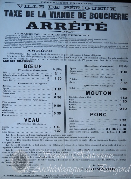 Mairie de Périgueux. Arrêté. Taxe de la viande de boucherie. Périgueux, 11 novembre 1915 gen-d1-197.jpg