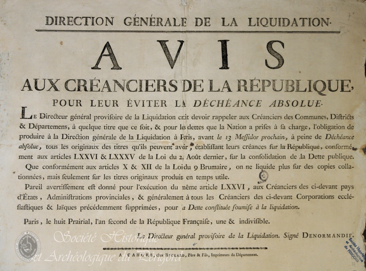  Avis aux Créanciers de la République  1793